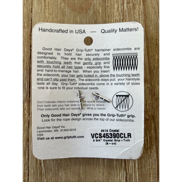 the Original Grip-Tuth Hair Combs Set of 2 Clear Crystal #414 - 2 3/4" Vintage - Picture 2 of 2